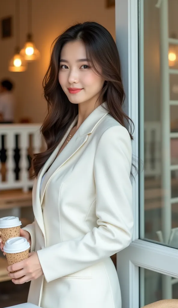  realistic photos .Gorgeous White Railing White Ladder .Korean Idol Actress White Suit. Side Back Head Charming Eye Smile .Waist Slight .Two takeaway cups of coffee in his back hand.background focus point hazy rendering left white position in front of cafe...