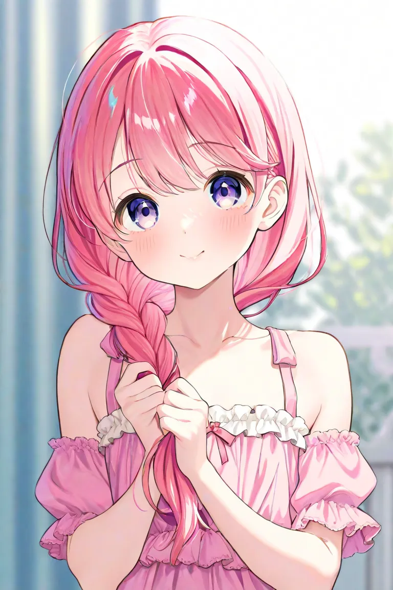 cute女の子、 lori、is young、cute、Baby Face、pink hair、 hair is long、I'm putting on a braid、wearing black and pink clothes、Frilly clothes、My eyes are spinning round and round、Light color、short、small chest、My eyes are swirling