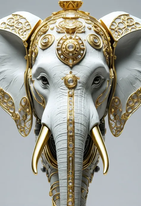 w1z_m4ch1n4. machine, elephant front head, Robotic elephant with gold and white accents, detail, gold ornament, flat pale background