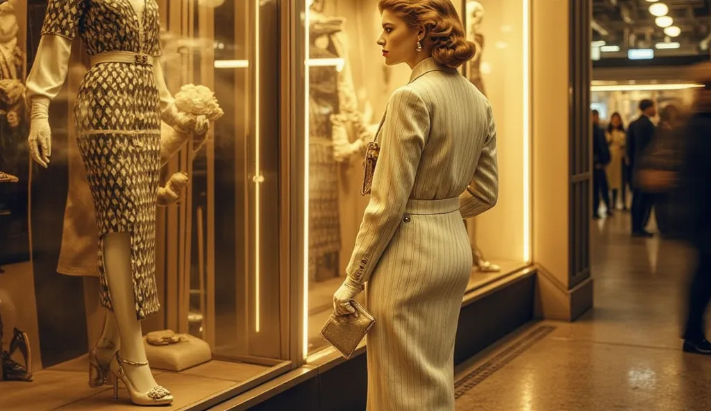 stunning blonde woman standing in front of a vintage shop window at a 1930s Parisian train station, her back turned to the camera. She wears a classic cream-colored Chanel-inspired ensemble—a tailored pinstripe jacket with pearlized buttons and delicate st...