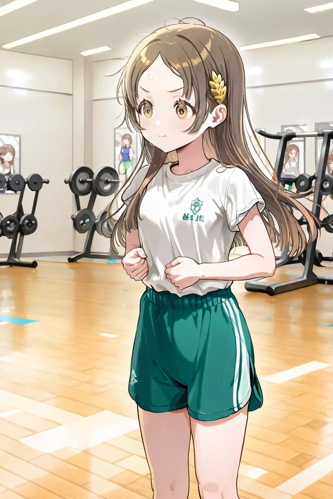 china-gym,kuramoto china,brown eyes,brown hair,long hair,hair ornament,white shirt,short sleeves,green shorts