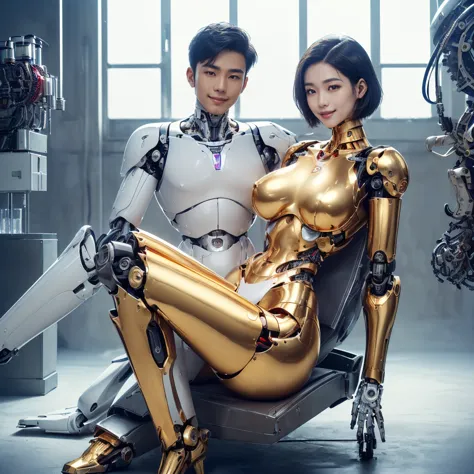 ((((The detached head of a young, beautiful Asian man rests on the neck of a mechanized female cyborg body with large mechanical breasts, an extremely thin waist, and extremely long, thin legs that all shine golden)))), ((((Ultra short hair)))), ((((Greate...