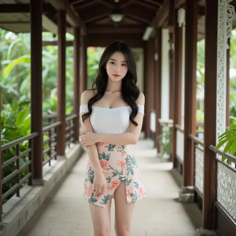 16k clear photo quality,best quality,  photo-realistic, sharp focus ,The eyes and face were very detailed. A beautiful 16-year-old Asian woman with brown skin, long hair, black curls and a horse face stood confidently on a tropical corridor surrounded by l...