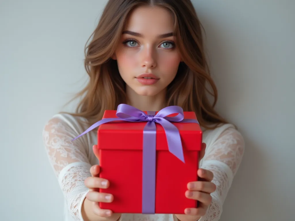  girl model ,  European appearance,  bright blue eyes , hands out a red gift box, tied with a purple ribbon, to the viewer