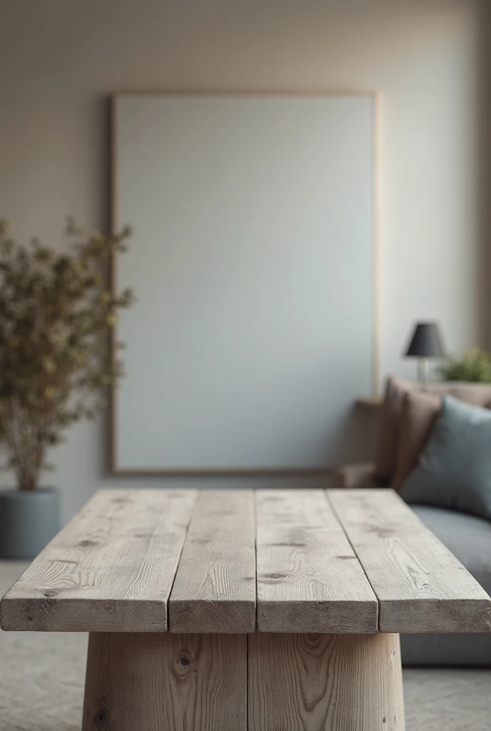 in the foreground is a gray wooden table for product presentation, in the background is a blurred room