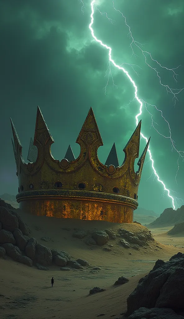 "A massive, ancient crown half-buried in a desolate, dark desert. Its once-golden surface is tarnished, covered in cracks and glowing mystical runes. The sky above is stormy, with flashes of green and purple lightning illuminating the landscape. A faint, g...