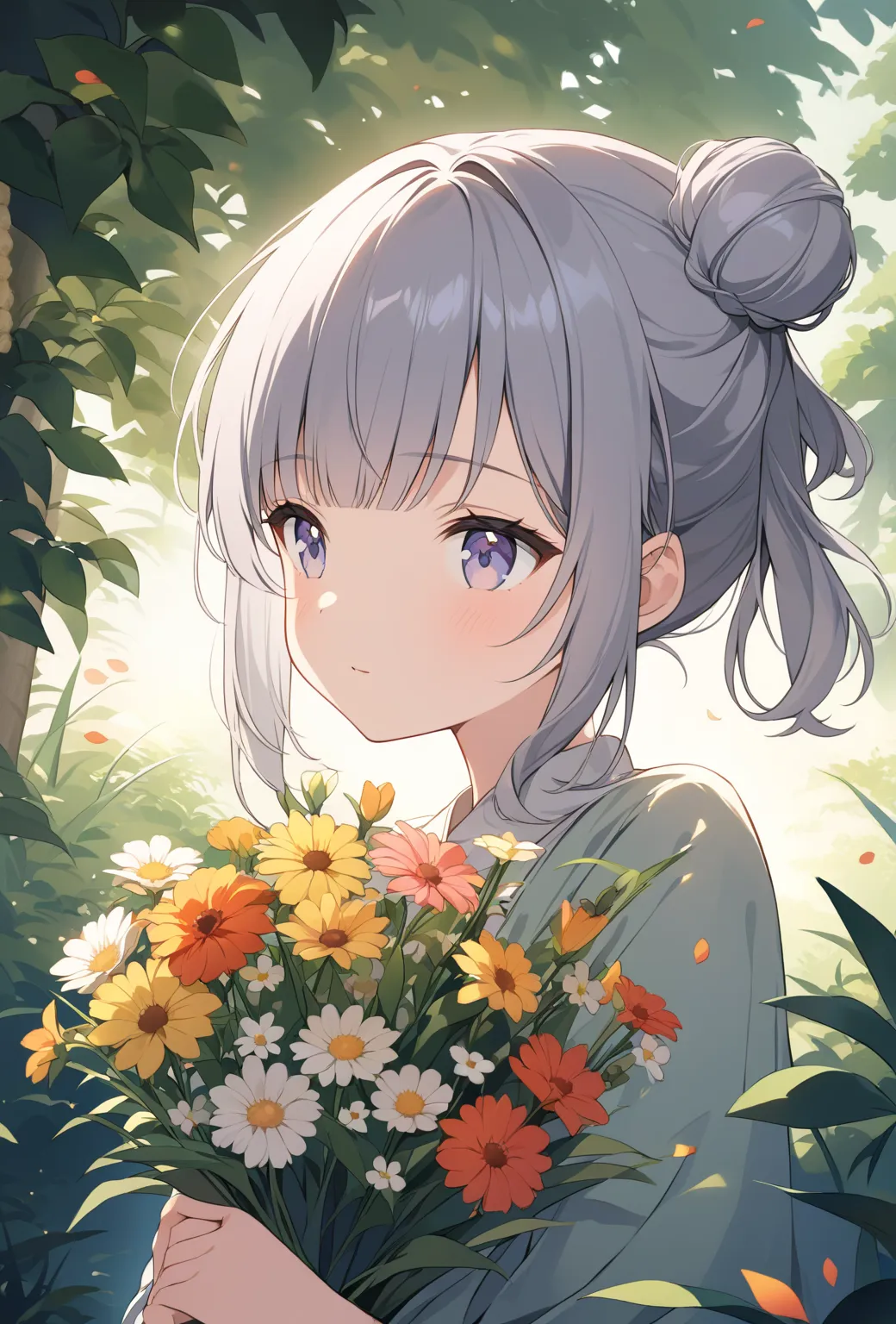 1 girl、gray hair、bob with bangs、left side bun hair、holding flowers in both hands