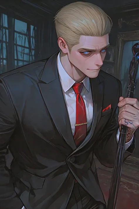 A russian Boy, blonde,slick back short hair,hasblue eyes, wearing a black formal tailored suit,as he ties his red tie,has a sharp jawline,masculine,in a dark opulent room,like his study room,very expensive.Has tattoos on his veiny hands.Must be around his ...