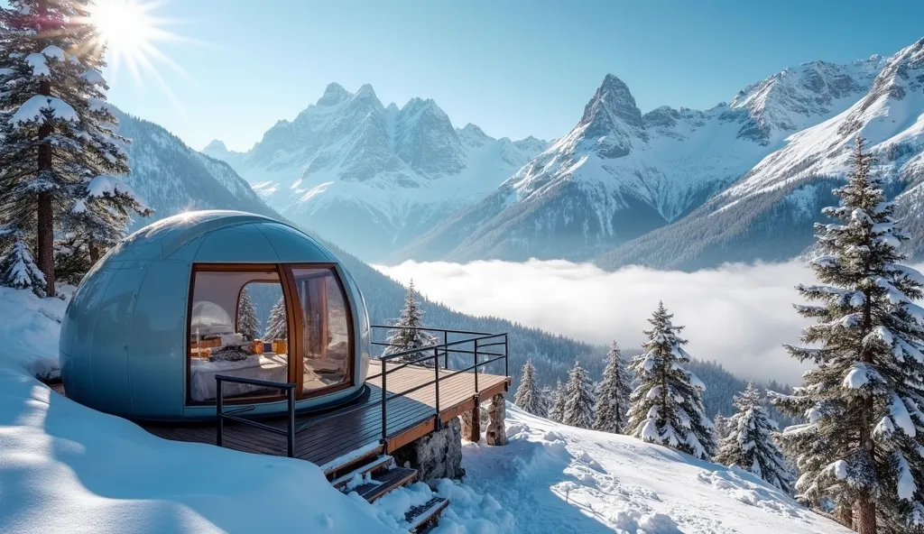 Vibrant and attractive image of a geodesic dome pod nestled in the snow-covered Swiss Alps, offering a breathtaking panoramic view of towering snow-capped mountains. The pod is positioned on a wooden deck with a railing, overlooking a valley blanketed in m...