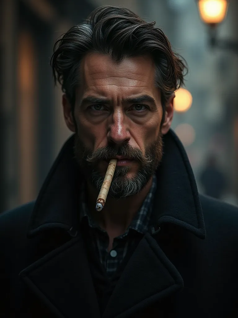 30 years old handsome man, ironic face, thin beard, black overcoat, cigar on the mouth