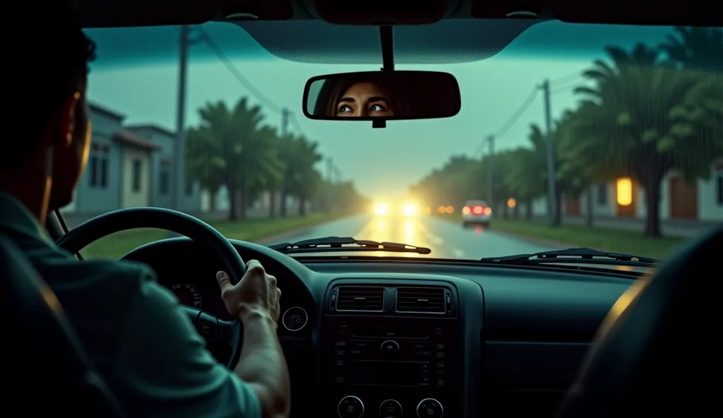 Create a hyper-realistic and emotionally intense image that captures a chilling and dramatic moment of terror from the perspective of the backseat of a car on a dark, rainy night. The focus is on the view through the windshield, with the driver’s hands gri...