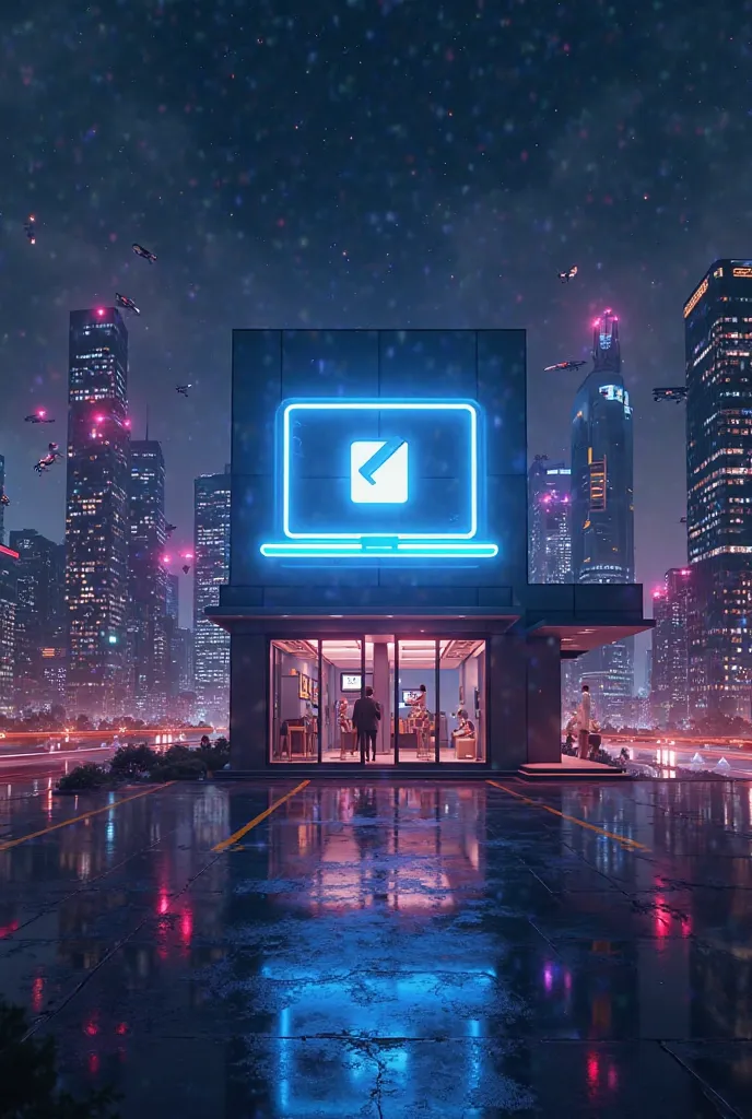 you need a logo for a laptop store close to the real image against the beautiful backdrop of the city of the future at night 