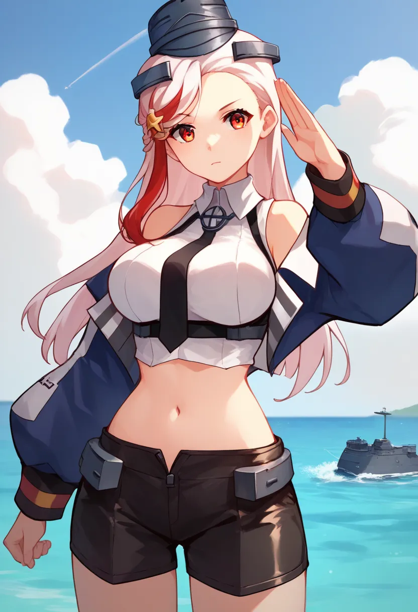 Massachusetts(kantai collection), score_9,  score_8_up,  score_7_up,  source_anime, cowboy shooting, Alone, 1 girl, ks massachusetts,  grins, viewers next to him, standing,  playing in the water, salute, streaked hair,  white hair, red hair,  headgear ,  b...