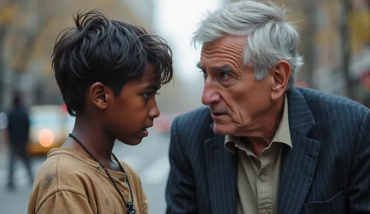 A young boy, likely pre-, with dark skin and disheveled, dark hair, is positioned on the left side of the image, appearing distressed and crying.  He is looking downward and is wearing dirty, light brownish-tan clothing.  A noticeable detail is a necklace ...