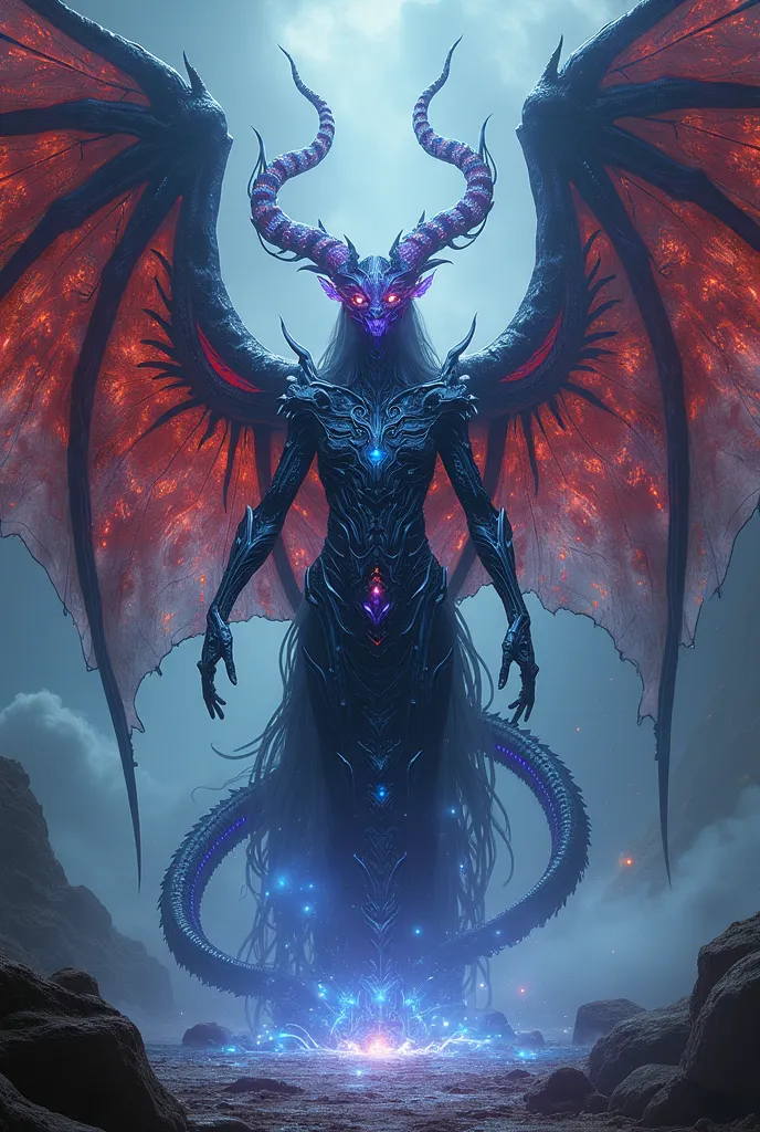 
> **“A majestic, hyper-dimensional being fusing angel, dragon, demon, and cybernetic litch elements. Their horns bloom like celestial fractals, twisting into mesmerizing shapes. The body is formed from dark matter-infused flesh wrapped in luminous Kintsug...