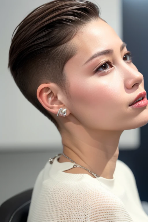 a woman "Yukirinu/ ゆきりぬ", (with a men-inspired), barbershop background, siting on barberchair, in a military environment, A meticulously Classic standart Military regulation requirements Military Very extreme inspired short high skin fade haircut for femal...