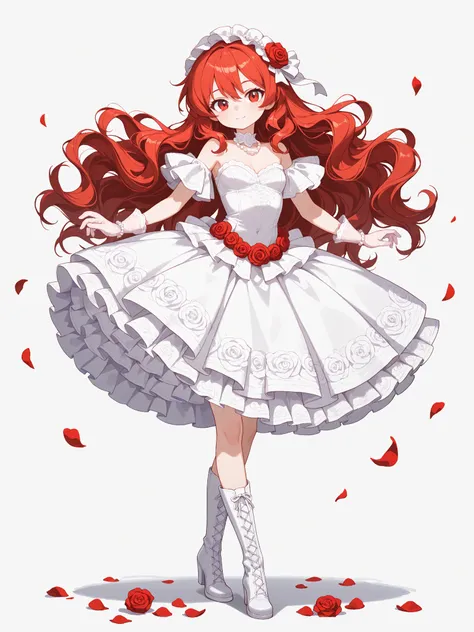  masterpiece,Highest quality,great quality,very aesthetic, ultra detailed, 1 beautiful Girl, My chest is big and slender,full body shot, looking at viewers, scattering rose petals while dancing dynamically, Alone, beautiful rose dress,frill, petticoat, pea...