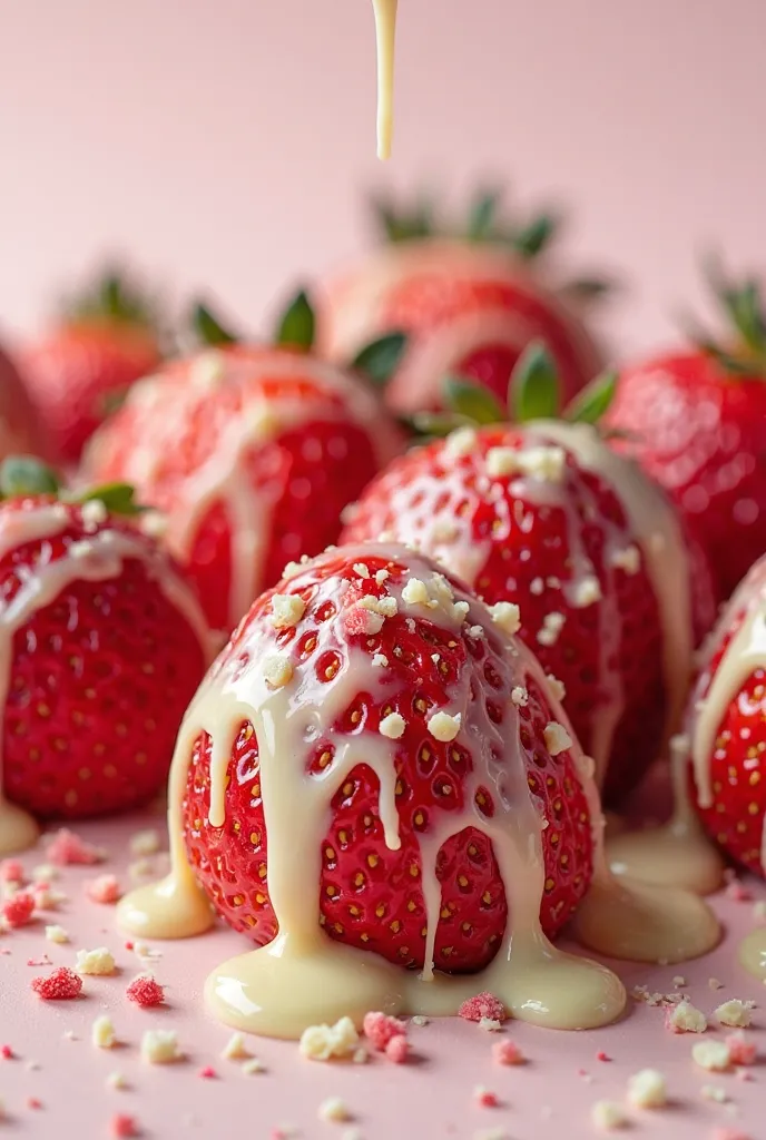 Melted white chocolate is sprinkled on strawberries　 real 