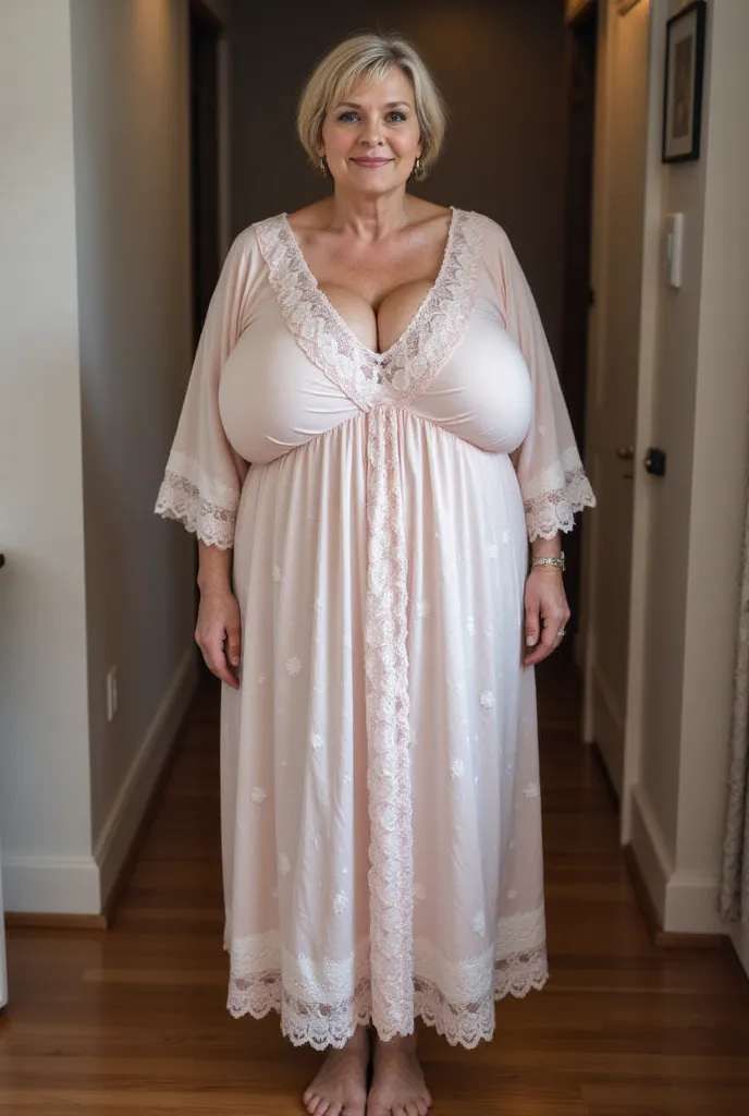 A 75-year-old woman with a thick figure, wearing a lace nightgown. Standing at a short, full-length 