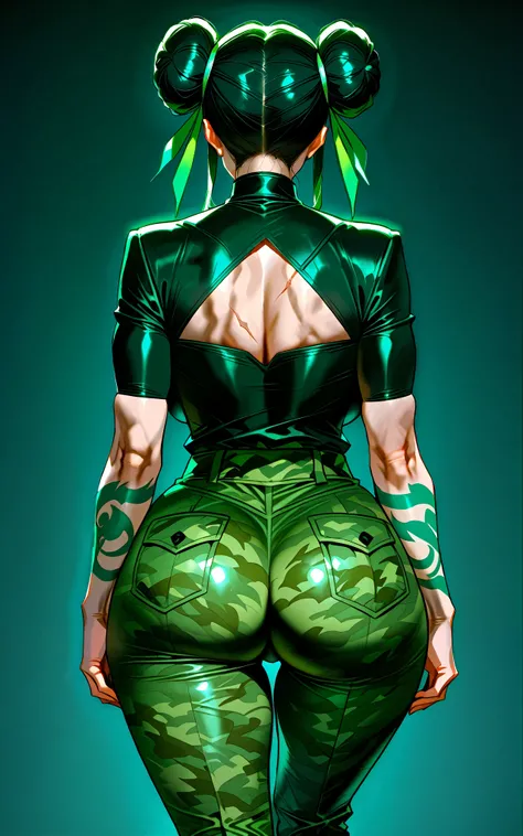 mixed_artwork style, 1 girl, standing alone, hands, beautiful woman, Asian, thick, Large woman, double bun hair, black hair with green tips, chubby, defined body, strong abdomen, strong legs, green tattoos on her arm Light green eyes, green lipstick, green...