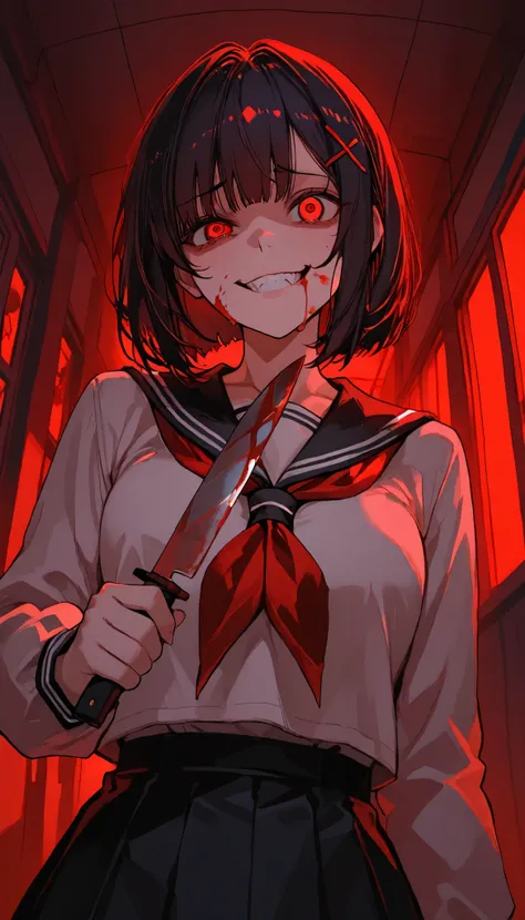 1girl, dark hair, bob cut, hairpins, blood on cheeks, one yellow eye, one red eye, jk, black skirt, black uniformnwith red details, droopy eyebrow, grinning, holding a knife, in school hallway, red lighting, crazy expression, yandere, angle from below