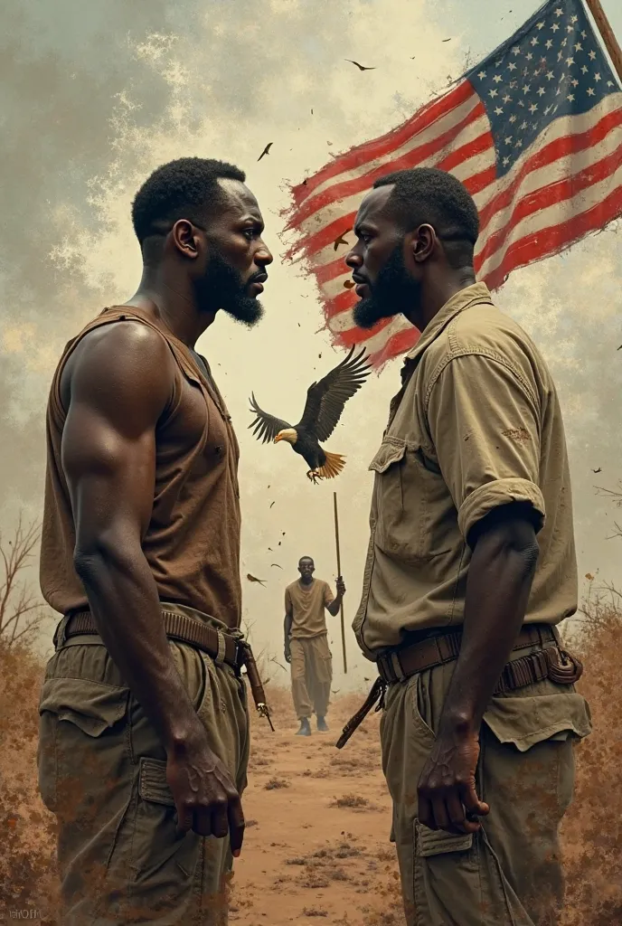 A single photo that shows the internal conflict in Sudan ( Man vs man presenting Sudan) indicating that because of America ( Eagle in the middle carries the flag of America)