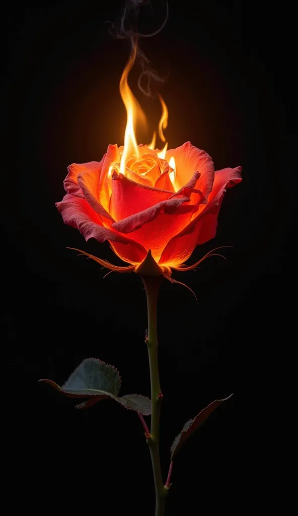 "A single, perfect rose made of fire burns in complete silence, yet the flames do not consume it. The petals shift between deep crimson and glowing gold, radiating a soft, almost magical light. The background is pure black, emphasizing the surreal beauty o...