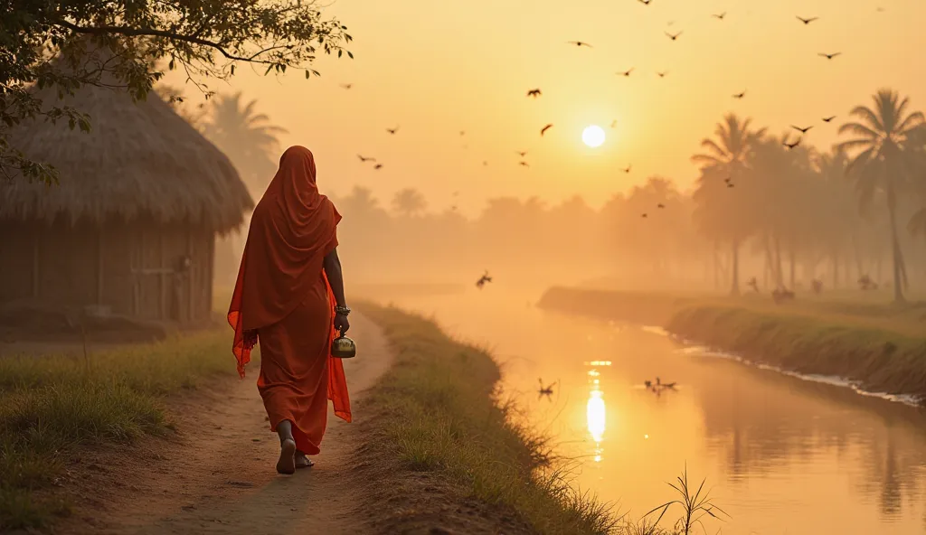 "A woman draped in a saffron saree walks barefoot along a narrow dirt path towards a peaceful river at dawn. She carries a small brass pot in her hand, ready for her morning ritual. The golden rays of the rising sun bathe the misty landscape in a soft glow...