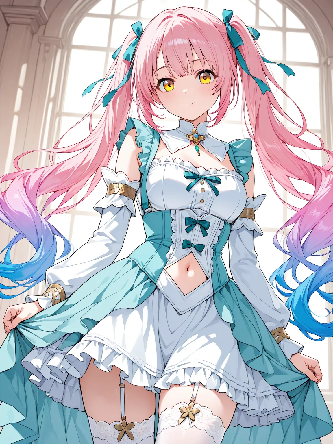 ((masterpiece, best quality, extremely detailed)), 1girl, pink hair, long hair, blue gradient hair, yellow eyes, hair ribbon, frilled dress, layered dress, navel, frilled skirt, white thighhighs, 