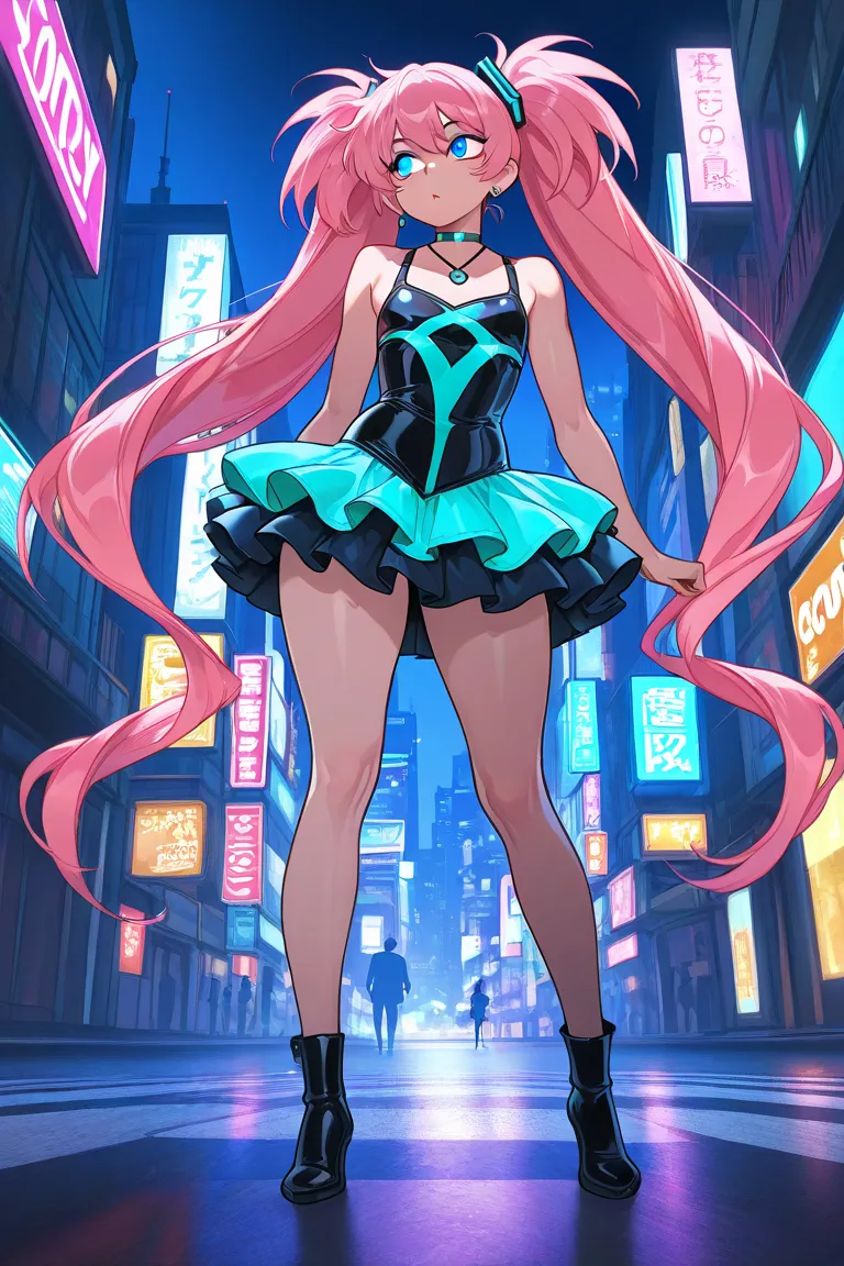 1male, femboy, a guy in girl clothes, no breasts, flat chest, curvy body, long twintail hair, blue eyes, pink hair, technowear outfit, long height, long legs, in a neon city, night, cozy atmosphere, choker necklace, spiral pupils, layered dress