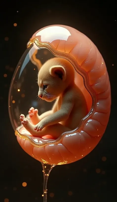 A hyperrealistic cinematic rendering of a lion embryo inside its amniotic sac. The embryo has soft, delicate fur, small claws, and a developing feline structure. The amniotic sac is semi-transparent with a natural membranous texture, slightly veined with t...