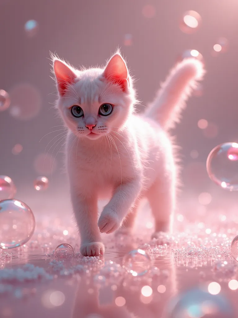 Adult slim cat with soft pink fur, soap bubble background, Soapy shimmer, very realistic,  mystical atmosphere , looks very graceful, modern, very soft fur, Pearlescent shimmering eyes, Glitter, running, very modern, Soap bubbles go into each other