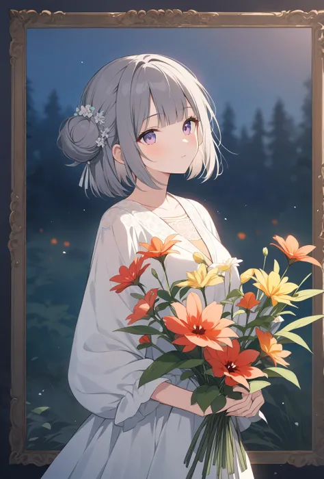 from the front 、1 girl、gray hair、bob with bangs、side bun hair、holds three flowers in both hands.