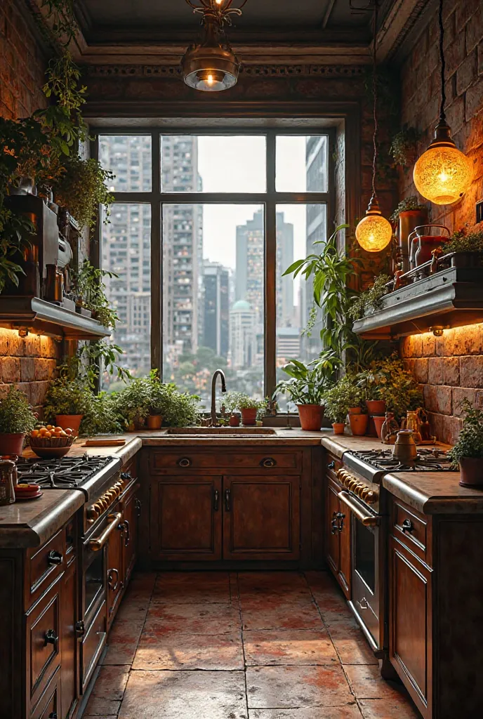 Dark brown kitchen with decorative plants, decorative lights and large window to the city