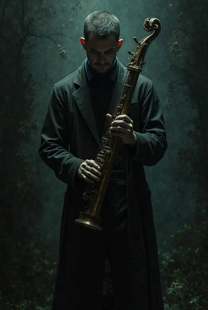 A picture of a man holding a musical instrument whose features are not visible 