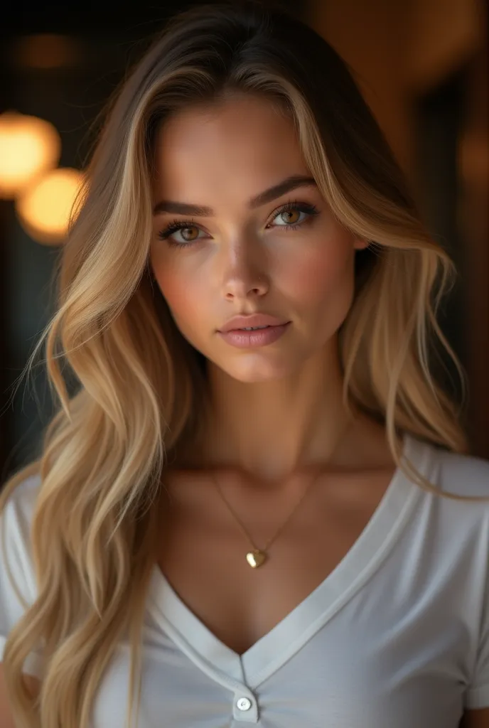 Ultra-realistic portrait of a stunning young woman with long, slightly wavy blonde hair, illuminated by soft and warm lighting. Her intense gaze is enhanced by large brown eyes, long voluminous lashes, and well-shaped eyebrows. Her skin is smooth and sligh...