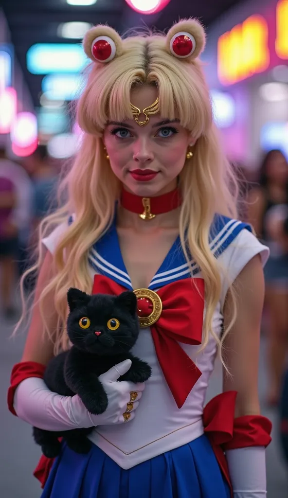 At Comic Con, a pretty young European woman with bright blond hair huddled through the crowd. Her costume was unmistakable: Sailor Moon. The white sailor dress with the blue collar and red bow was faithfully reproduced.The skirt is blue. She has a black pl...