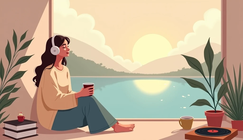 Create a cozy, minimalist YouTube banner for a lofi music channel. The design should feature a calming color palette (soft pastels like muted blues, pinks, and purples) with a dreamy, relaxing vibe. Include a serene scene of a girl sitting by a lagoon or a...