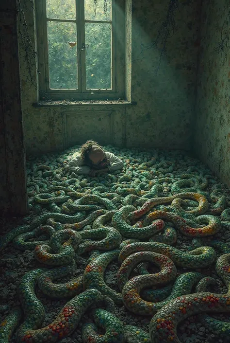 A man sleeping in a old room covdrd with whit 
 cover with almost 1000 snakes with deferent ccolor