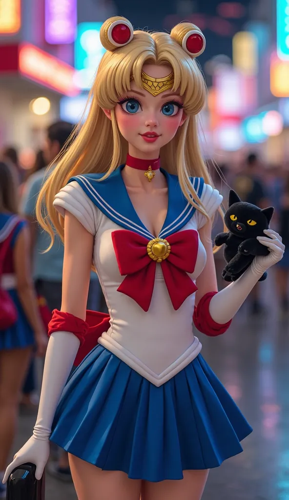 At Comic Con, a pretty young European woman with bright blond hair huddled through the crowd. Her costume was unmistakable: Sailor Moon. The white sailor dress with the blue collar and red bow was faithfully reproduced.The skirt is blue. She has a black pl...