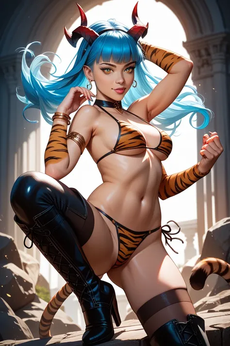 Beautiful Woman with Blue Hair 。has horns growing like a demon from its head。style tiger skin bikini、Tiger Skin Boots 