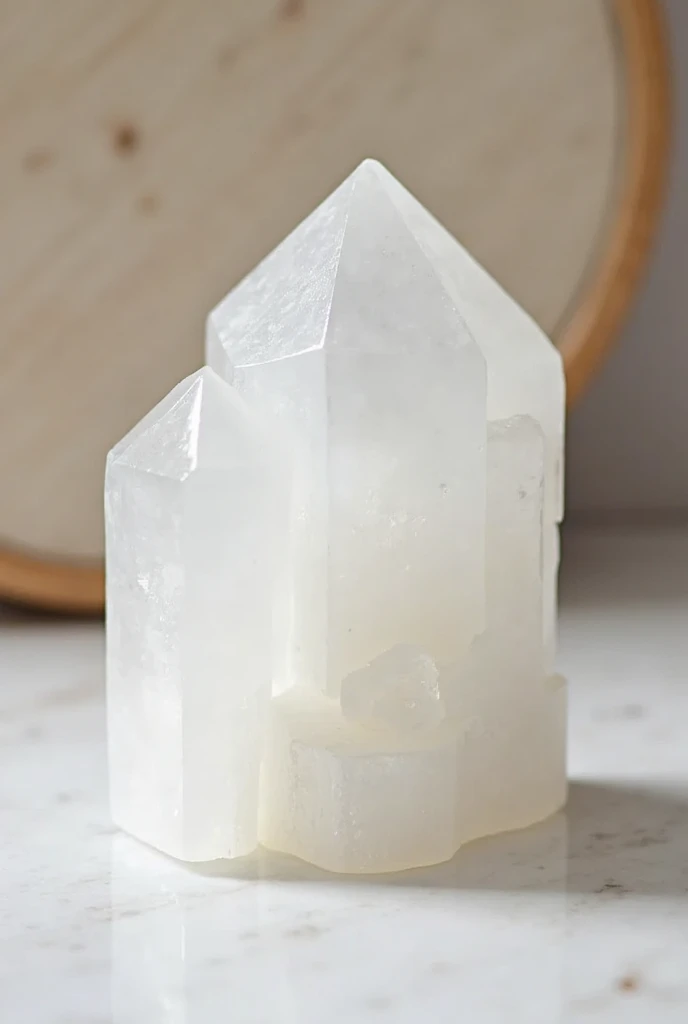 Selenite stone, displayed up close in an atmosphere of peace and purification. The stone's white, translucent structure and silky texture radiate a calming energy. The background features a simple material like natural wood or white marble. Lighting emphas...