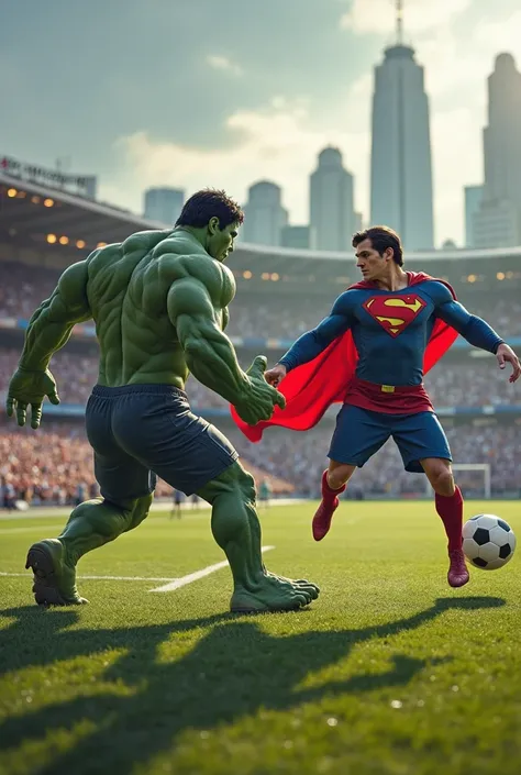 Hulk kicking a soccer ball and having Superman be the goalkeeper