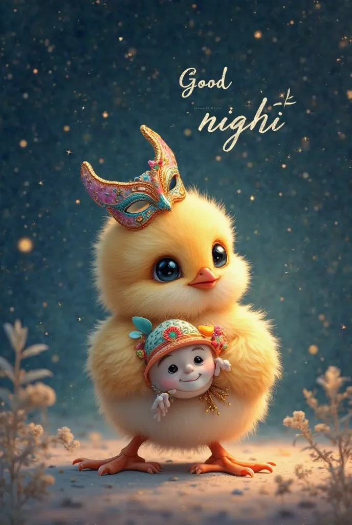 Creer une image avec  Poussin tenant un doudou dans ses mains. 
The chick will have a carnival mask on his head 
There will be written in letters good night.
On a starry background. 