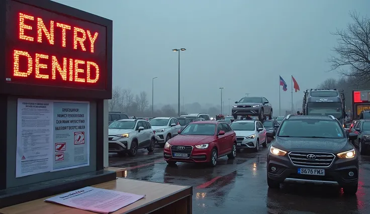 A Belarusian border checkpoint, where new EU sanctions have restricted the transit of crossovers into Russia. The scene captures a customs control zone with a long queue of SUVs and crossovers (Toyota RAV4, BMW X5, Volkswagen Tiguan, Hyundai Santa Fe) wait...