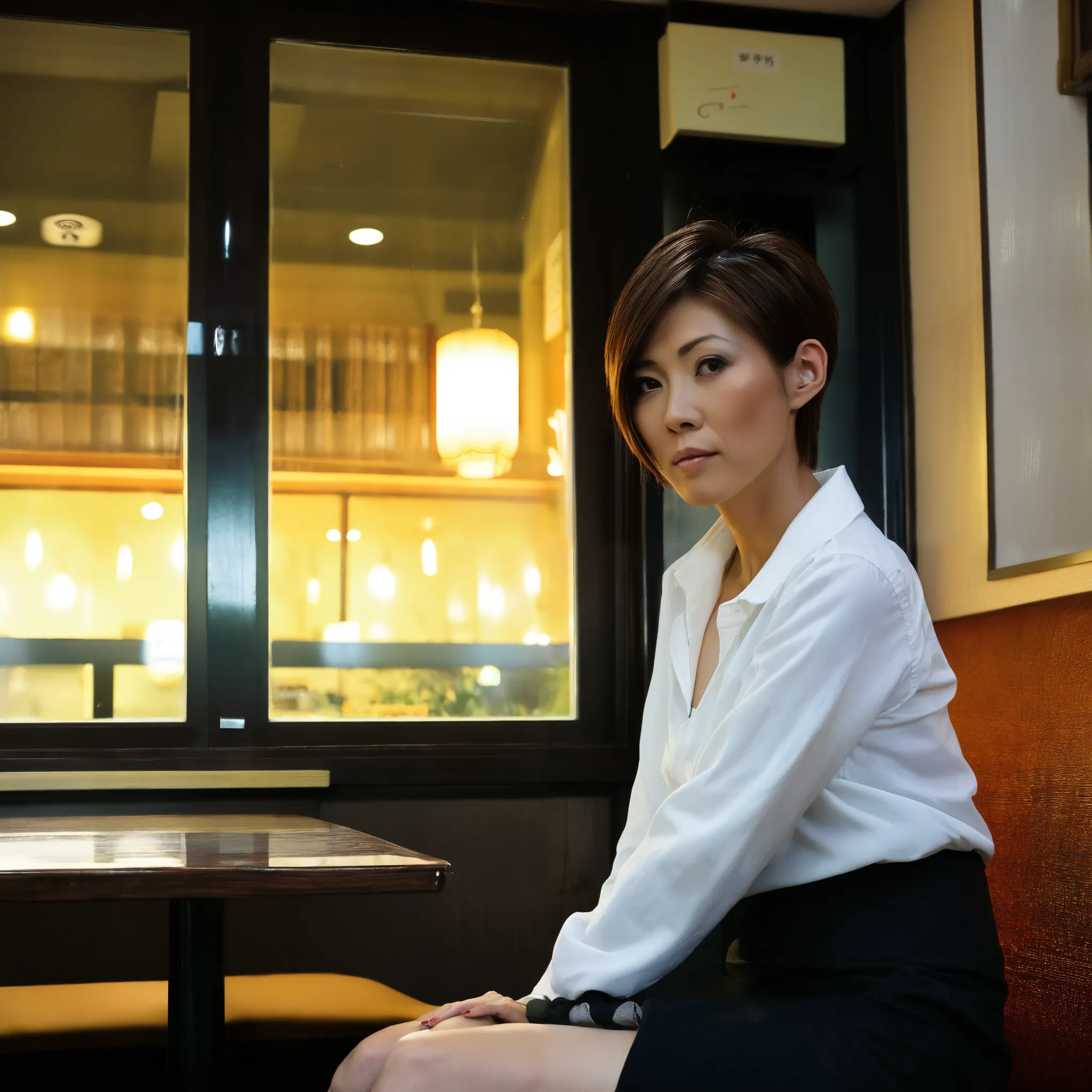 40-year-old Japanese woman、 Skinny Body 、very short hair、white shirt、in a black jacket、in a black skirt、Restaurant window seat、looking here