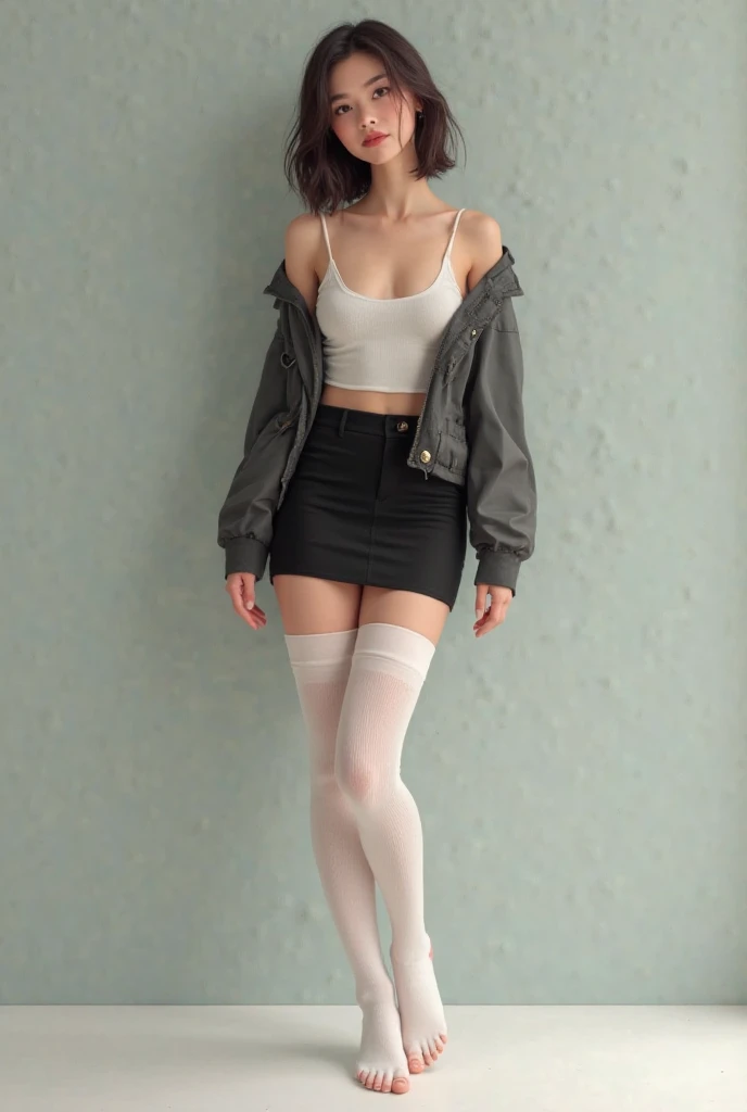 A  girl，Wearing a miniskirt and white stockings，No shoes