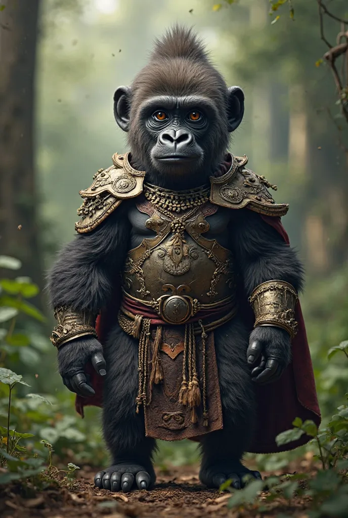 8K ultra realistic baby gorilla walking wearing warrior outfits