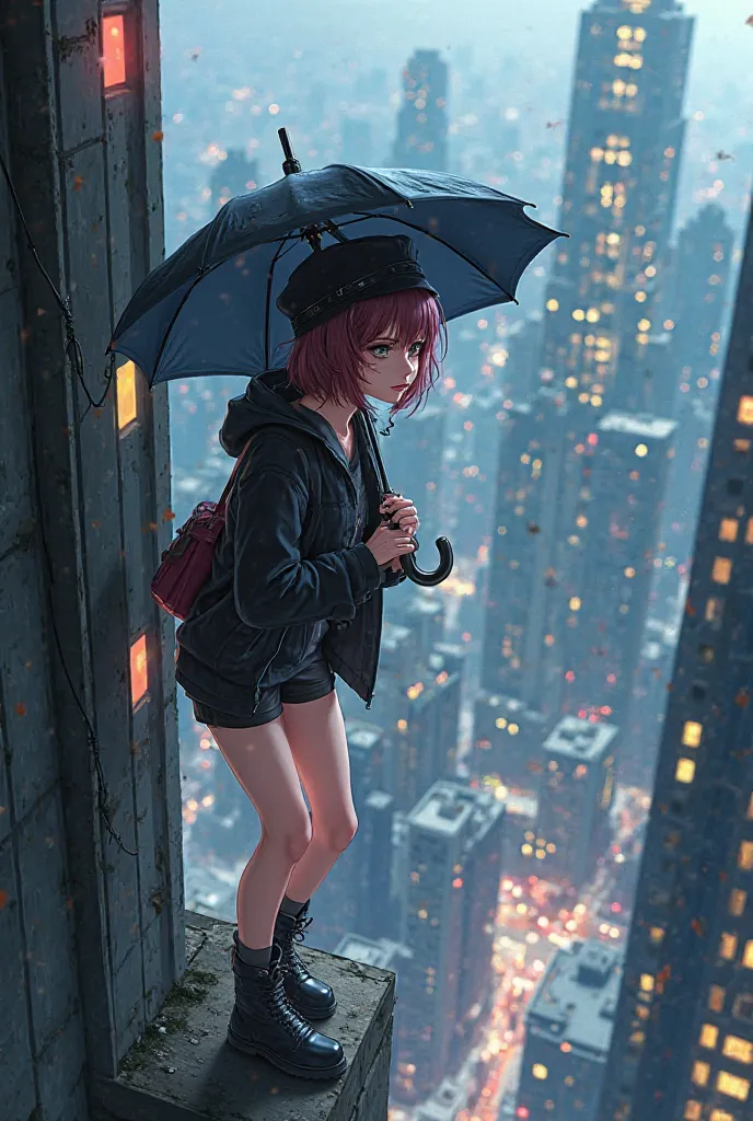 Create an anime portrait of a 16-year-old female anime character who is lurking around and dodging on the edge of a high-rise building. In a cyberpunk city that has now become a human-battle-robot battlefield, dressed in umbrella clothing with a black hat,...