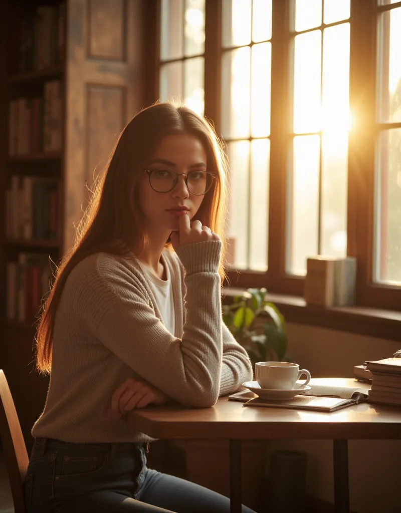 Eden, a 23-year-old university student from Hamburg, tall and slender with long, dark blonde hair, sitting in a sunlit university library, focused on her studies. She wears an oversized knit sweater that drapes softly over her shoulders, paired with high-w...